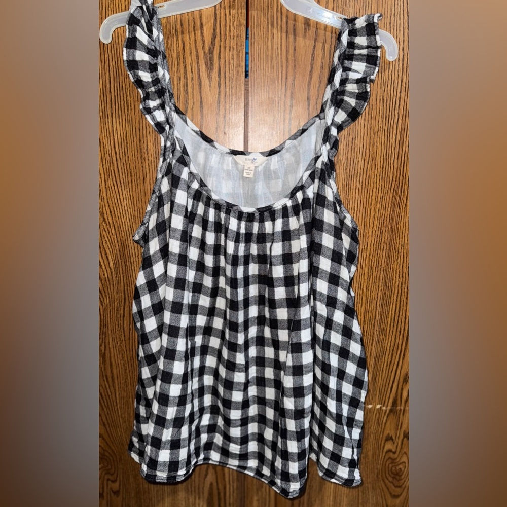 Terra & Sky Black and White Gingham Blouse with Ruffled Straps